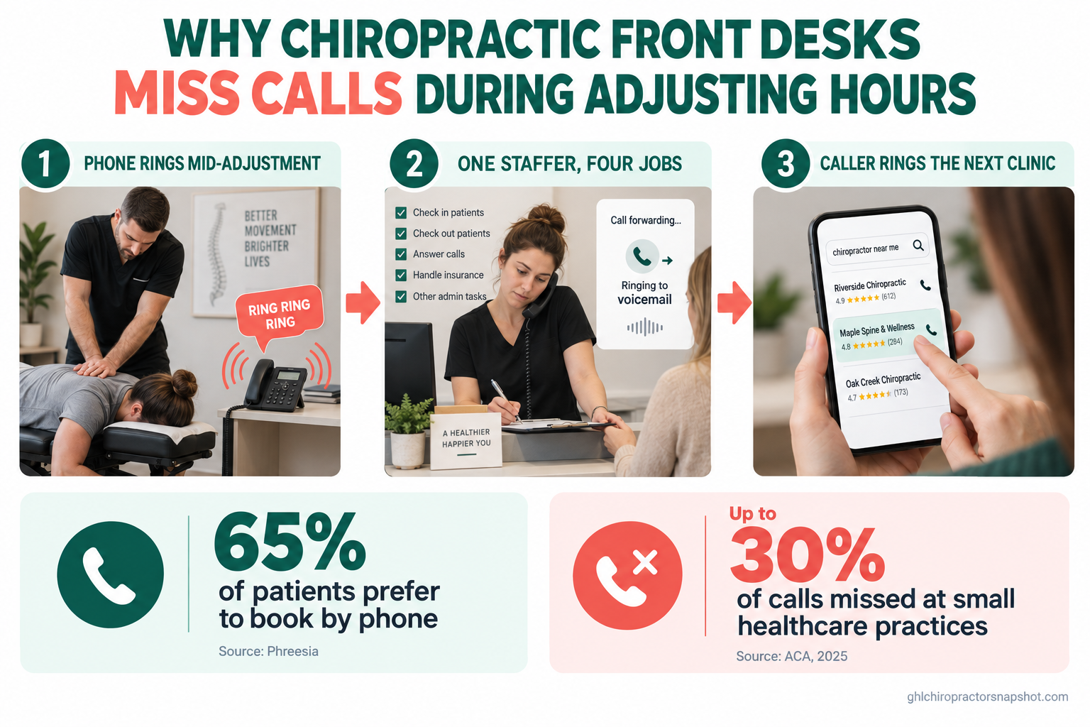 Infographic titled Why Chiropractic Front Desks Miss Calls During Adjusting Hours showing the one front-desk person rooming a patient while the phone rings, the call going to voicemail, and the caller ringing the next clinic, with the stats 65 percent of patients prefer to book by phone and up to 30 percent of calls missed at small healthcare practices.