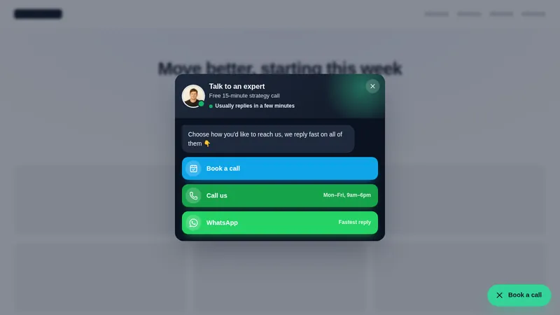 Book a call contact hub opened over a website: booking, phone and WhatsApp options in one panel
