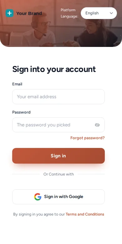 Split hero login on a phone: photo header above the sign-in form