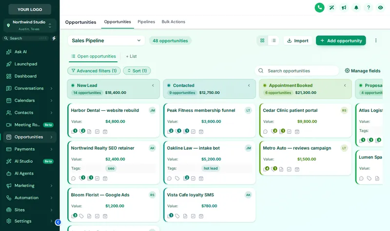 GoHighLevel opportunities board in the Emerald Calm design with a green sidebar theme