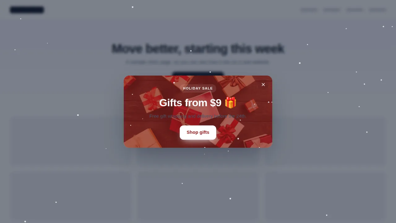 Holiday snow sale popup over a sample clinic website, with falling snow and a gift photo