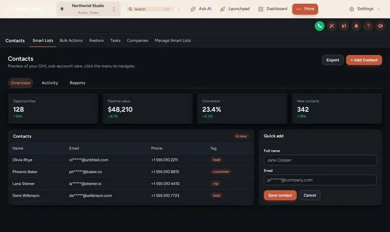 The same GoHighLevel contacts page in dark mode: charcoal cards, light text and terracotta accents