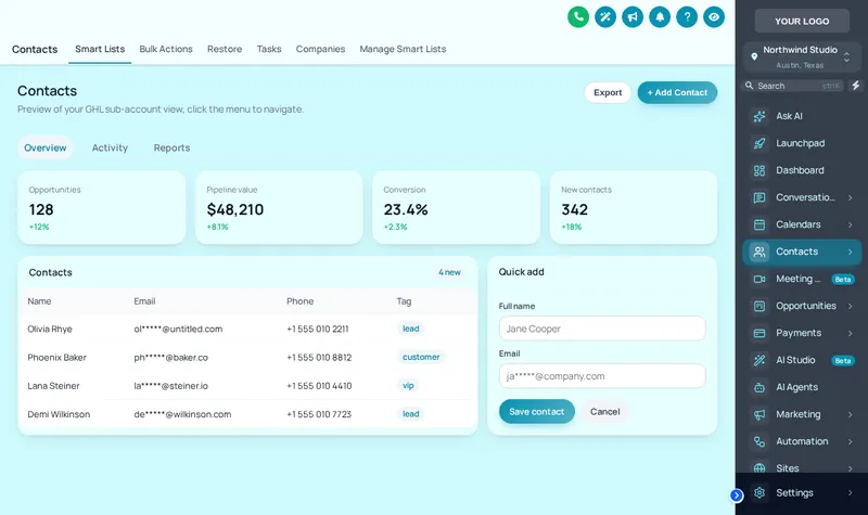 GoHighLevel contacts page with the Ocean Glass theme: cyan glass panels and a dark menu docked on the right